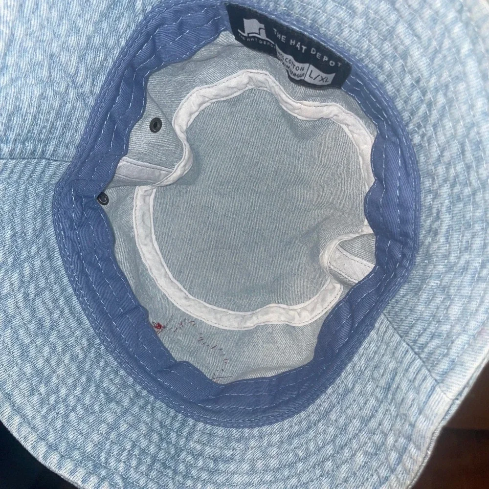 Handmade Denim Embroidered‎ Upcycled Rose Patched Unique Bucket Hat Blue L/XL